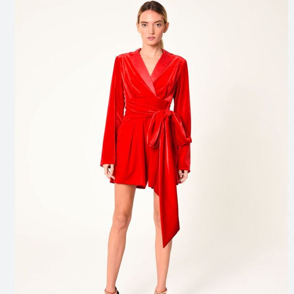 Ciebon Red Velvet Romper Long Sleeve Wrap Dress Party Cocktail Size M‎ - Picture 1 of 8